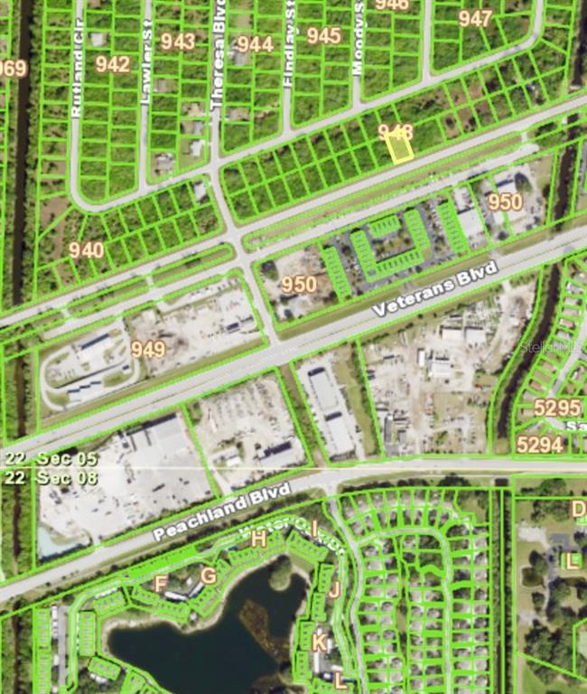 This is an aerial map showing property boundaries, street names, and land parcels — 19908 KENILWORTH BOULEVARD, PORT CHARLOTTE, FL