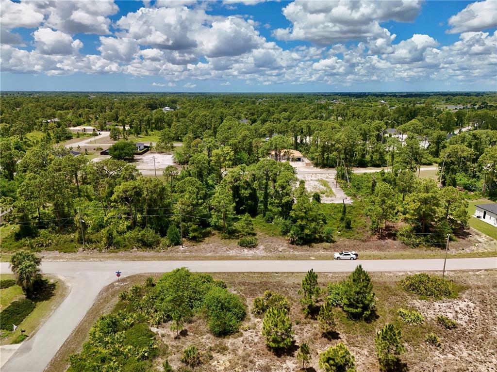 An aerial view shows a vacant, wooded residential lot along a paved road — 460 NORWOOD AVENUE S, LEHIGH ACRES, FL