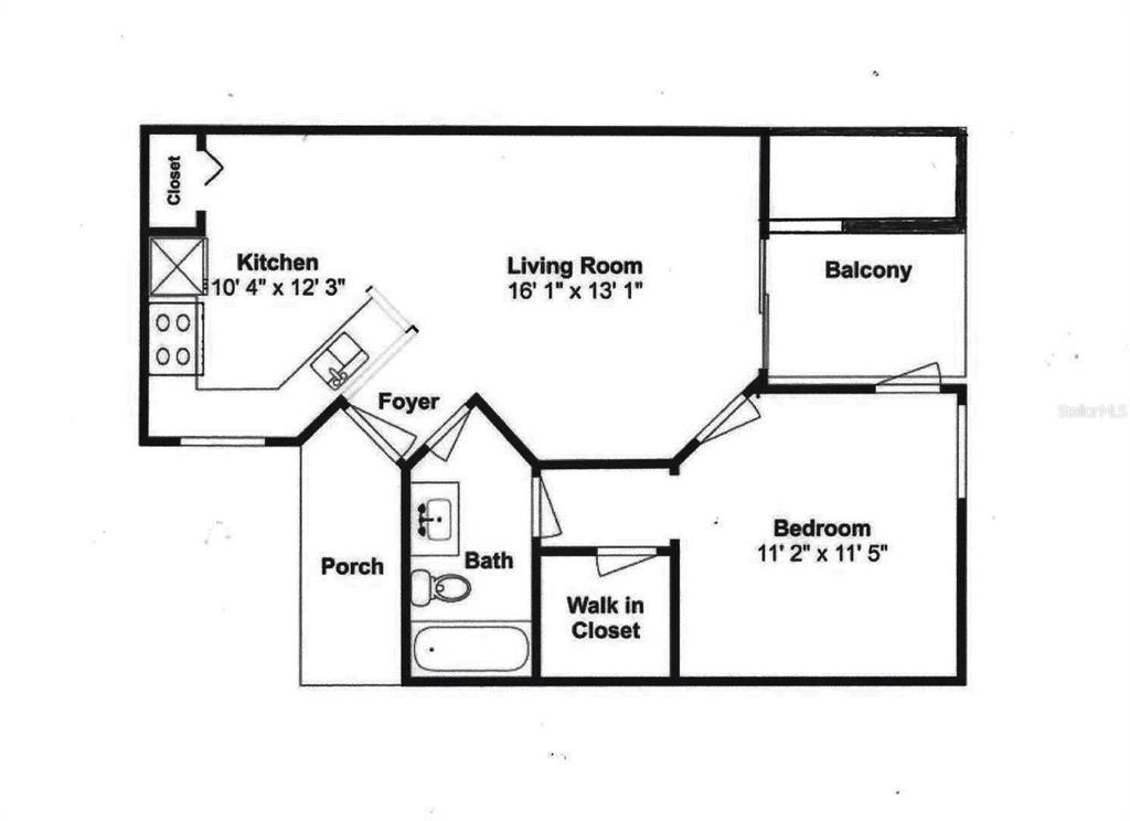 This is a floor plan for a one-bedroom apartment with a kitchen, living room, and balcony — 1916 LAKE ATRIUMS CIRCLE UNIT 32, ORLANDO, FL