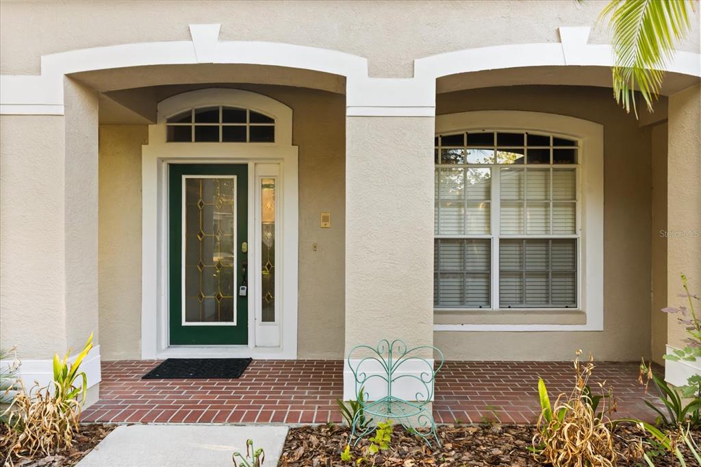 A covered front porch features a green door with glass inserts and a brick floor — 19027 DOVE CREEK DRIVE, TAMPA, FL
