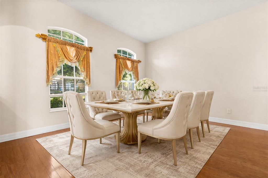 A dining room features a marble table, tufted chairs, and two windows with gold curtains — 19027 DOVE CREEK DRIVE, TAMPA, FL