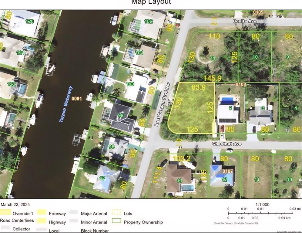 This is a map showing property lot lines and street layouts in a residential area — 501 E TARPON BOULEVARD NW, PORT CHARLOTTE, FL