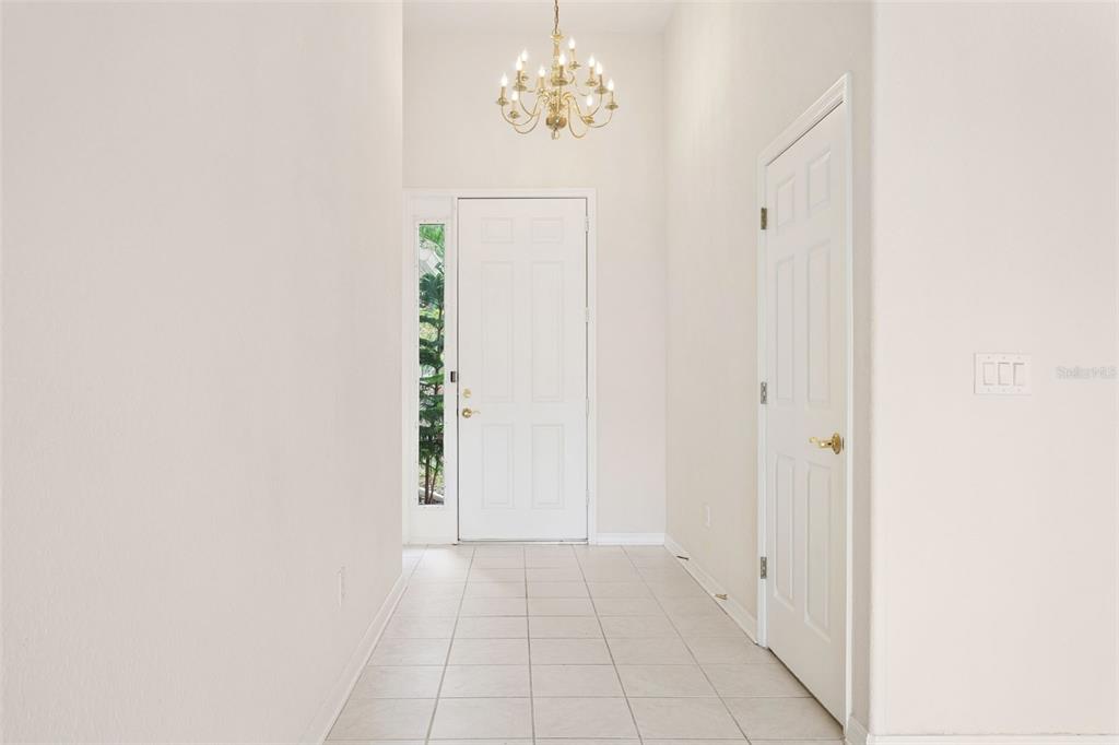 A bright entryway features white walls, tile flooring, a chandelier, and a white front door — 9103 PINEBREEZE DRIVE, RIVERVIEW, FL