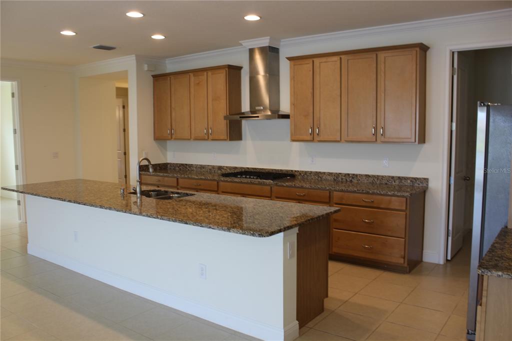 A kitchen features light wood cabinets, granite countertops, a large island, and stainless steel appliances — 5826 LONG SHORE LOOP, SARASOTA, FL