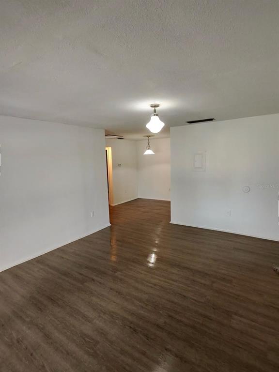 An empty room with white walls and wood-look flooring features two hanging light fixtures — 6008 VILLAGE CIRCLE UNIT GE, ORLANDO, FL
