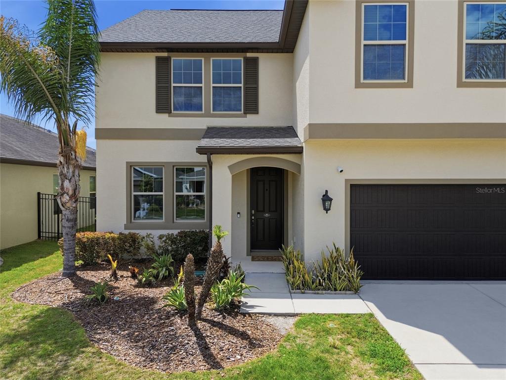 A two-story house exterior features a dark front door, a garage, and a palm tree — 30643 WALKER CUP PLACE, WESLEY CHAPEL, FL