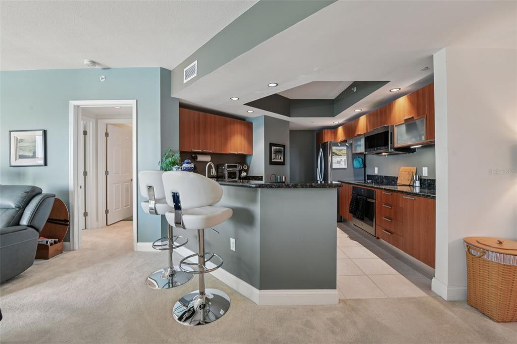A kitchen with wood cabinets, dark countertops, and a breakfast bar with two white stools — 241 RIVERSIDE DRIVE UNIT 305, DAYTONA BEACH, FL