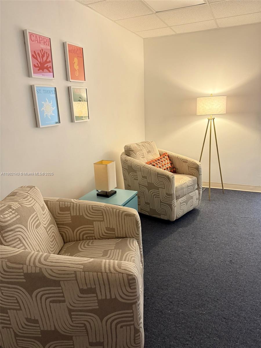Two patterned armchairs sit on a dark carpet in a room with wall art — 220 Miracle Mile # B219, Coral Gables FL 33134, CORAL GABLES, FL