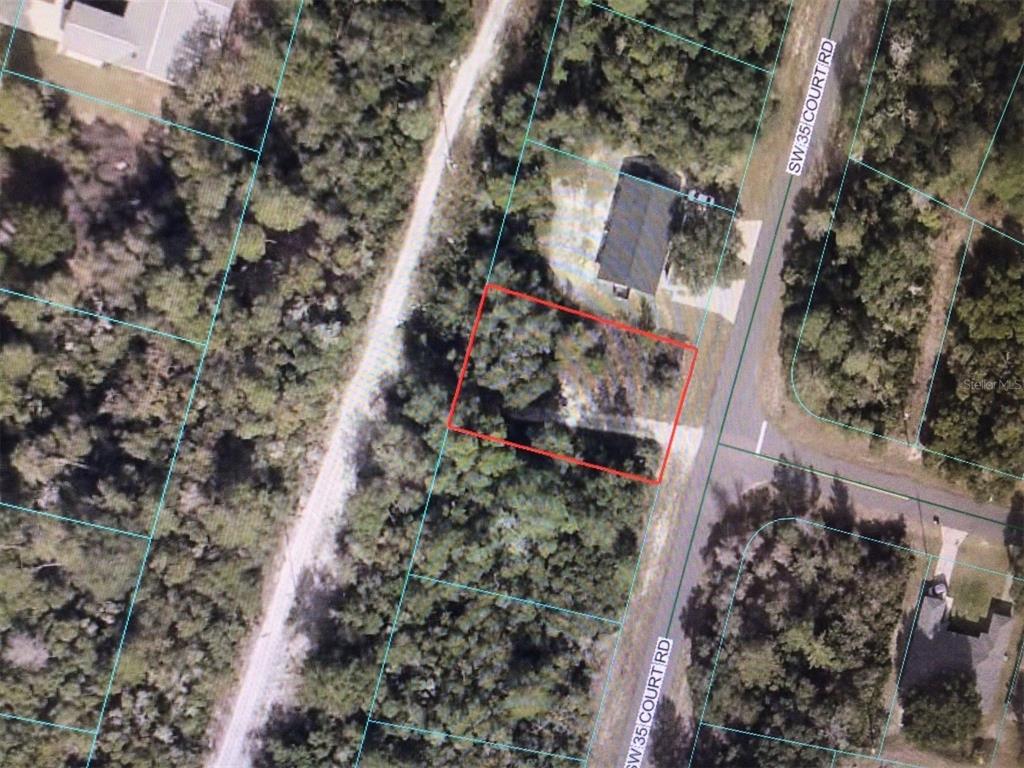 This is an aerial map showing a vacant, wooded lot outlined in red — 0 SW 35 COURT ROAD, OCALA, FL