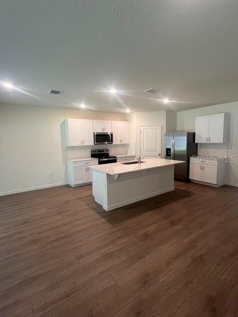 A kitchen features white cabinets, a central island, stainless steel appliances, and wood-look flooring — 4037 BRADBURY WAY, SANFORD, FL