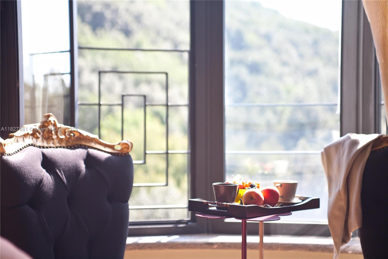 A dark tufted armchair sits beside a small table with fruit and cups near windows — HOTEL FOR SALE UMBRIA ITALY, 0, 0