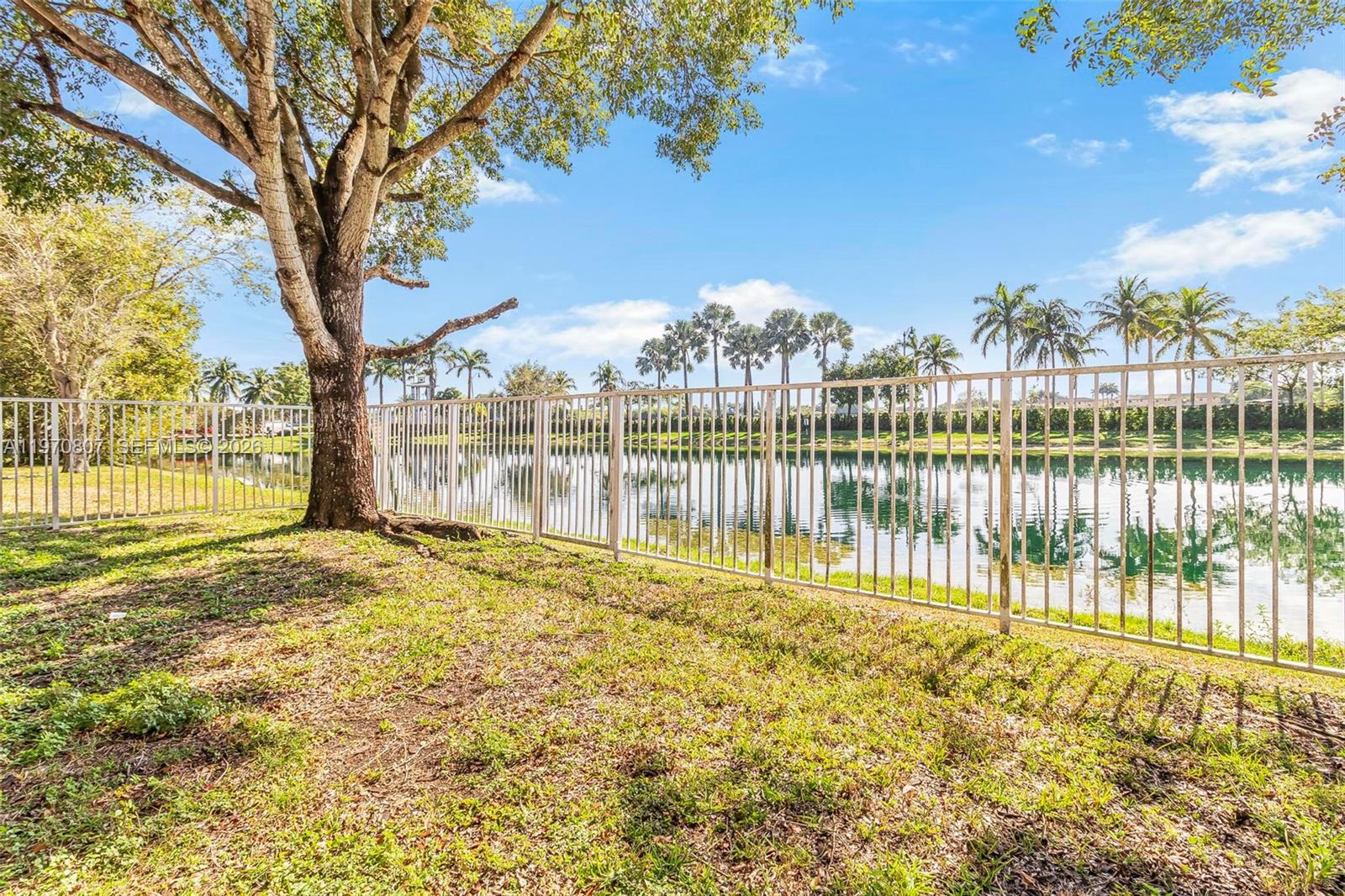 A white metal fence borders a grassy yard next to a pond with palm trees — 3736 NE 9 CT, Homestead FL 33033, HOMESTEAD, FL