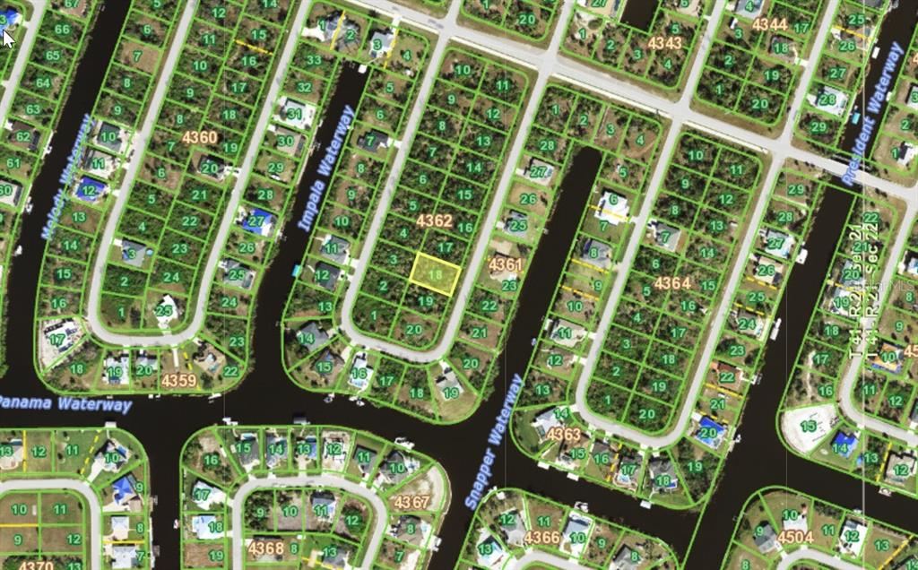 This is a satellite map showing residential lots and waterways in a suburban neighborhood — 9391 IMPALA CIRCLE, PORT CHARLOTTE, FL