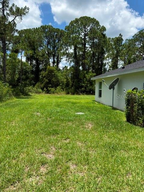 A grassy backyard extends toward a line of trees next to a white house exterior — 5421 PONCE DE LEON BOULEVARD, SEBRING, FL