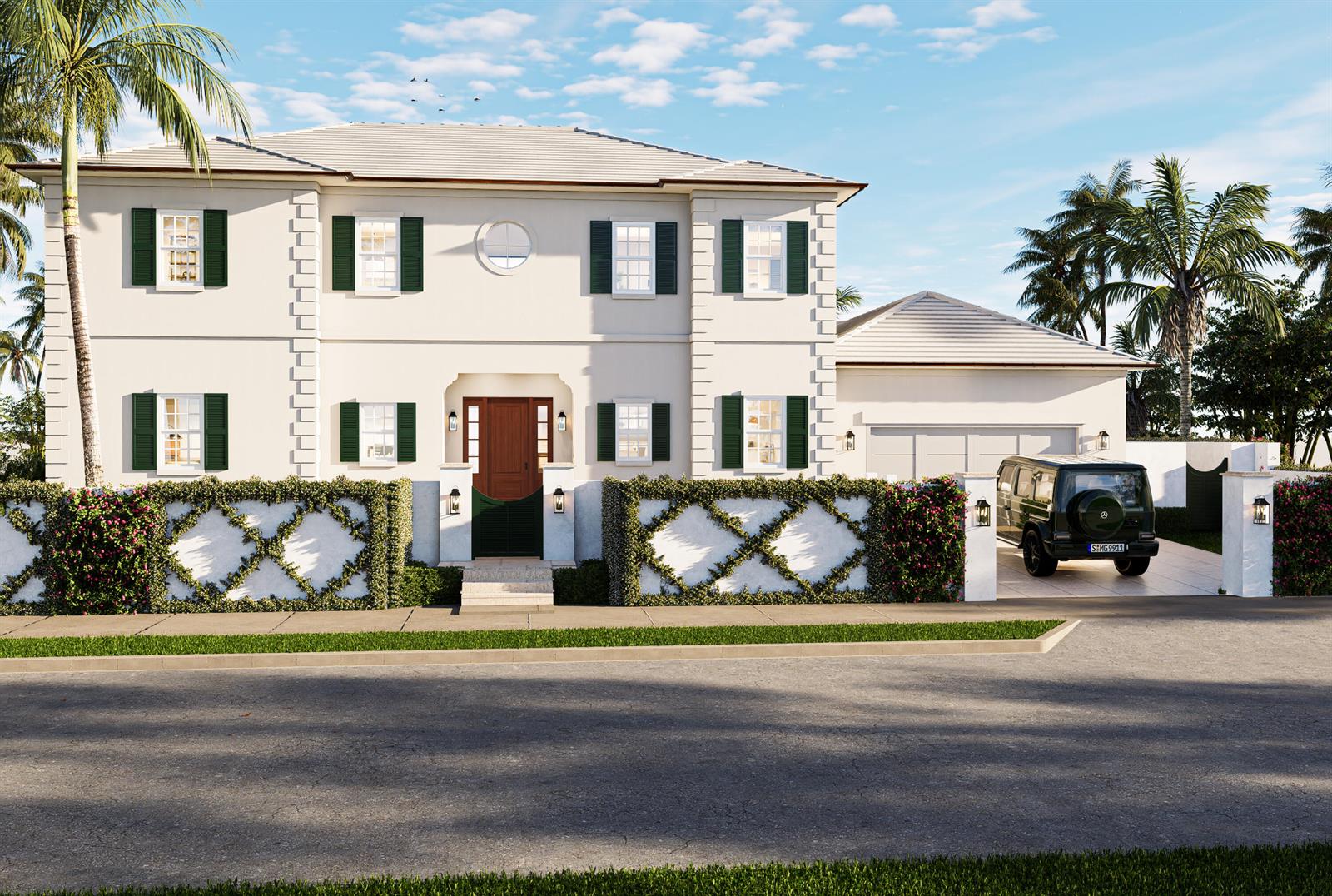 This architectural rendering shows a two-story house with a gated driveway and a parked SUV — 372 Franklin Road, West Palm Beach FL 33405, WEST PALM BEACH, FL