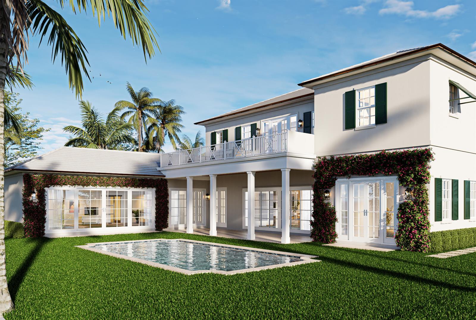 A rendering of a two-story house exterior with a pool, lawn, and climbing vines — 372 Franklin Road, West Palm Beach FL 33405, WEST PALM BEACH, FL