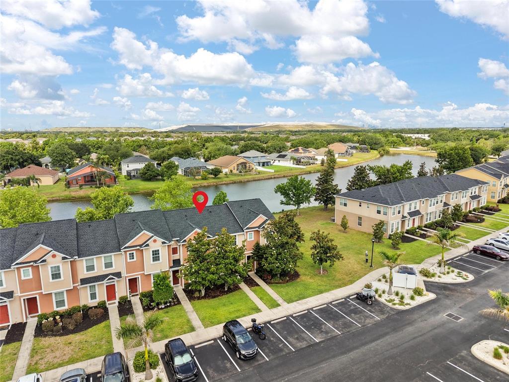 An aerial view shows a row of townhouses with a red location pin above — 6981 TOWERING SPRUCE DRIVE, RIVERVIEW, FL