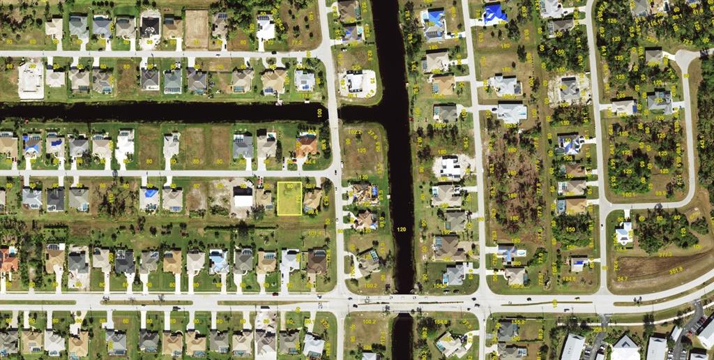 This is an aerial map view of a residential neighborhood with a highlighted vacant lot — 293 LONG MEADOW LANE, ROTONDA WEST, FL