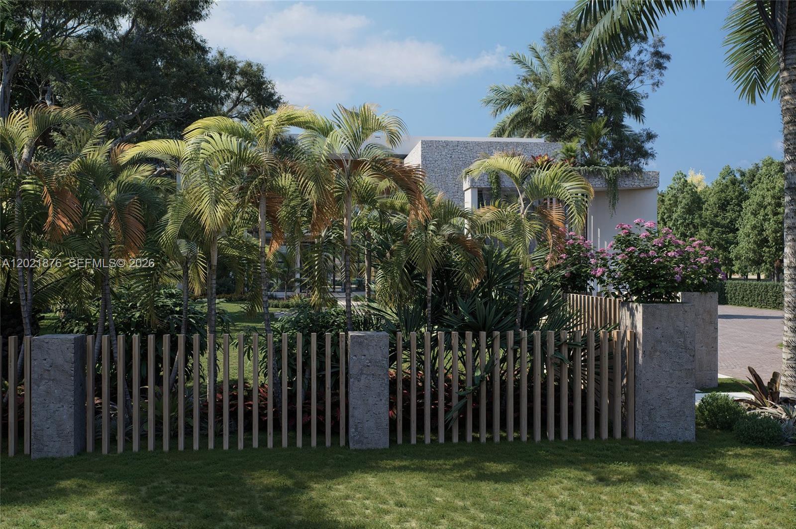 A rendering of a modern house with a stone facade behind a wooden slat fence — 7650 SW 83rd Ct, Miami FL 33143, MIAMI, FL