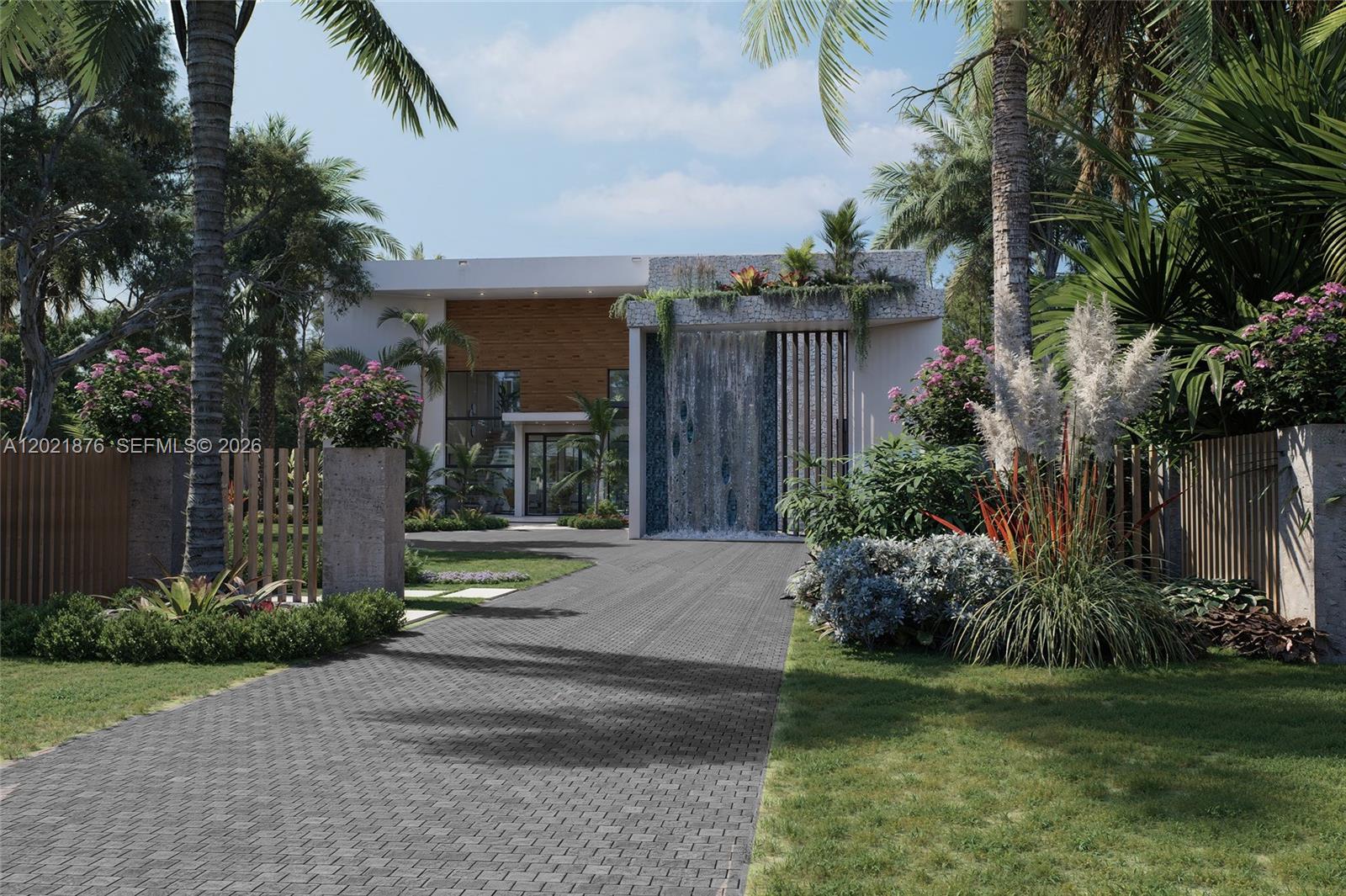 This architectural rendering shows a modern house exterior featuring a prominent stone waterfall feature — 7650 SW 83rd Ct, Miami FL 33143, MIAMI, FL