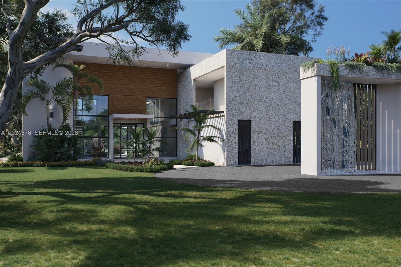 This architectural rendering shows a modern luxury home with stone walls and a water feature — 7650 SW 83rd Ct, Miami FL 33143, MIAMI, FL