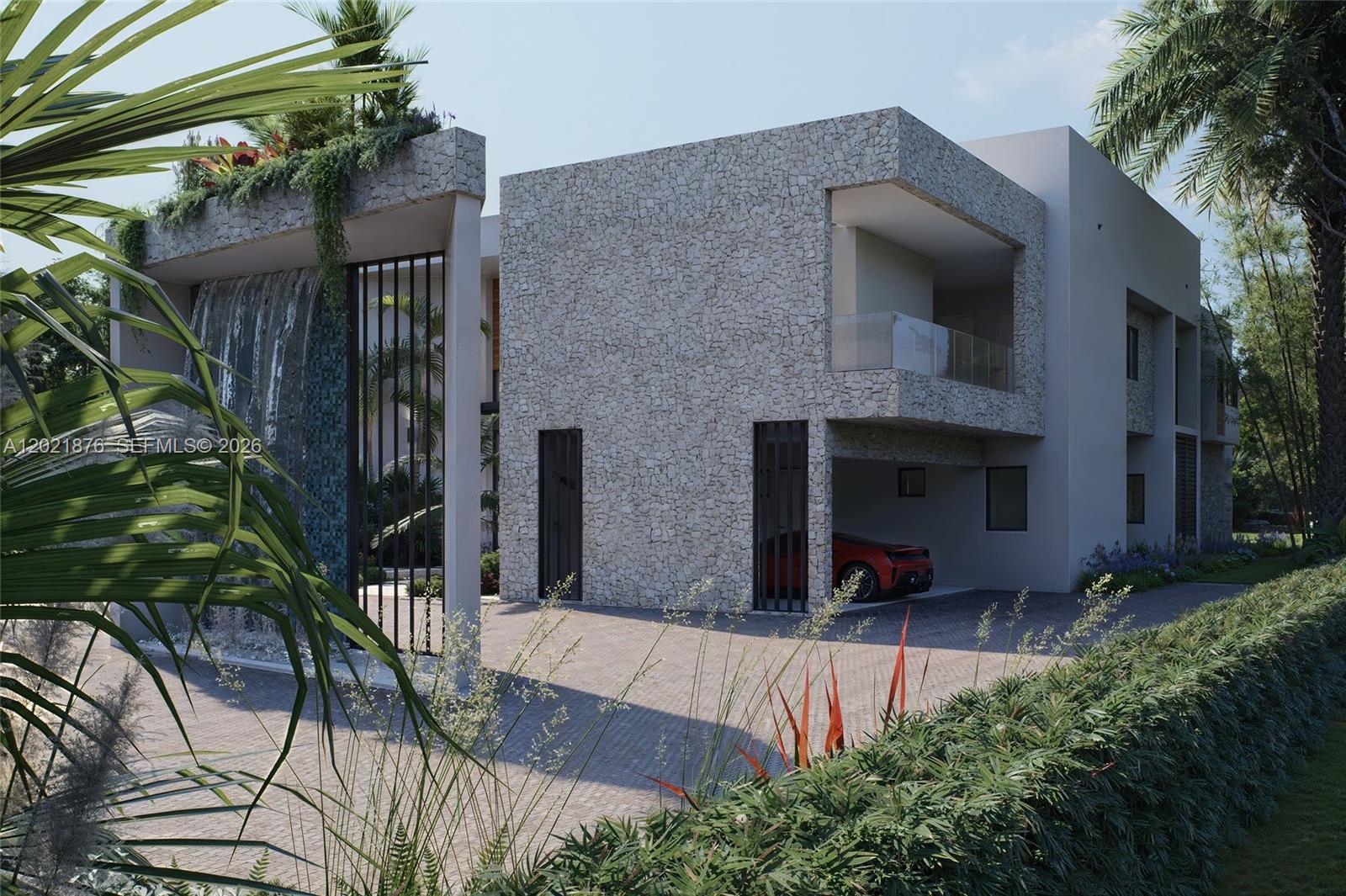 A rendering of a modern stone-clad house featuring a prominent waterfall and a covered garage — 7650 SW 83rd Ct, Miami FL 33143, MIAMI, FL