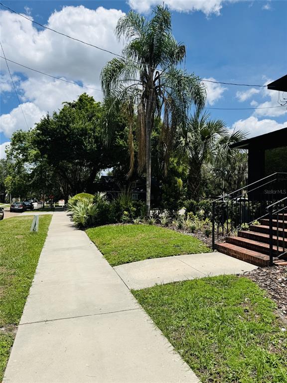 A sidewalk leads toward a palm tree and a building entrance with brick steps — 516 E JACKSON STREET, ORLANDO, FL