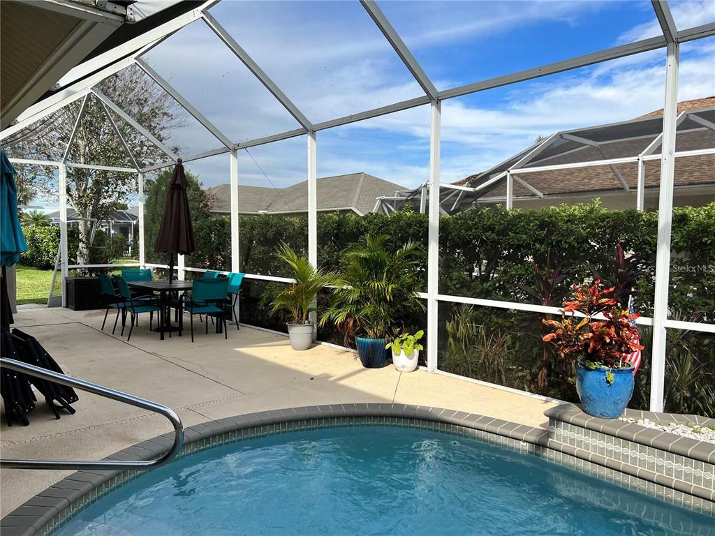 A screened-in patio features a small pool, dining furniture, and potted plants — 5831 CLEVELAND ROAD, VENICE, FL