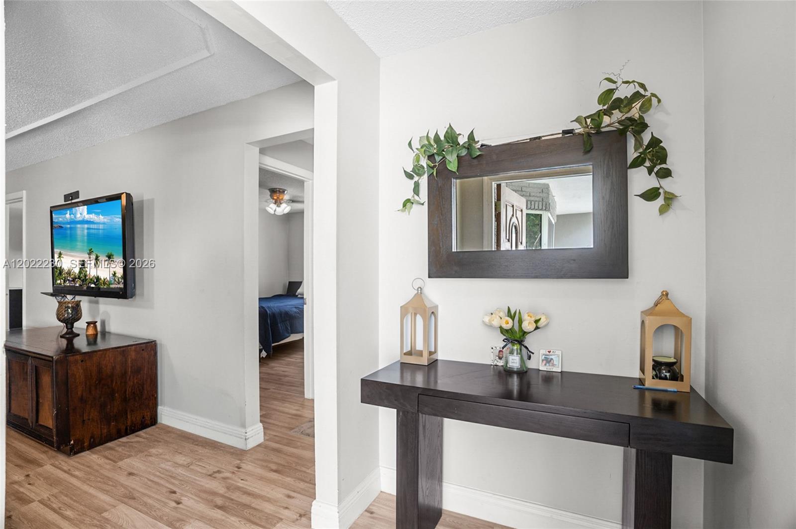 A hallway features a dark wood console table, a wall mirror, and a television nearby — 6667 NW 1st St, Margate FL 33063, MARGATE, FL