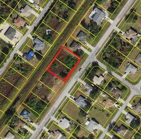 An aerial map view shows two adjacent vacant lots outlined in red along a road — 15 PONCE DE LEON BOULEVARD, NORTH PORT, FL