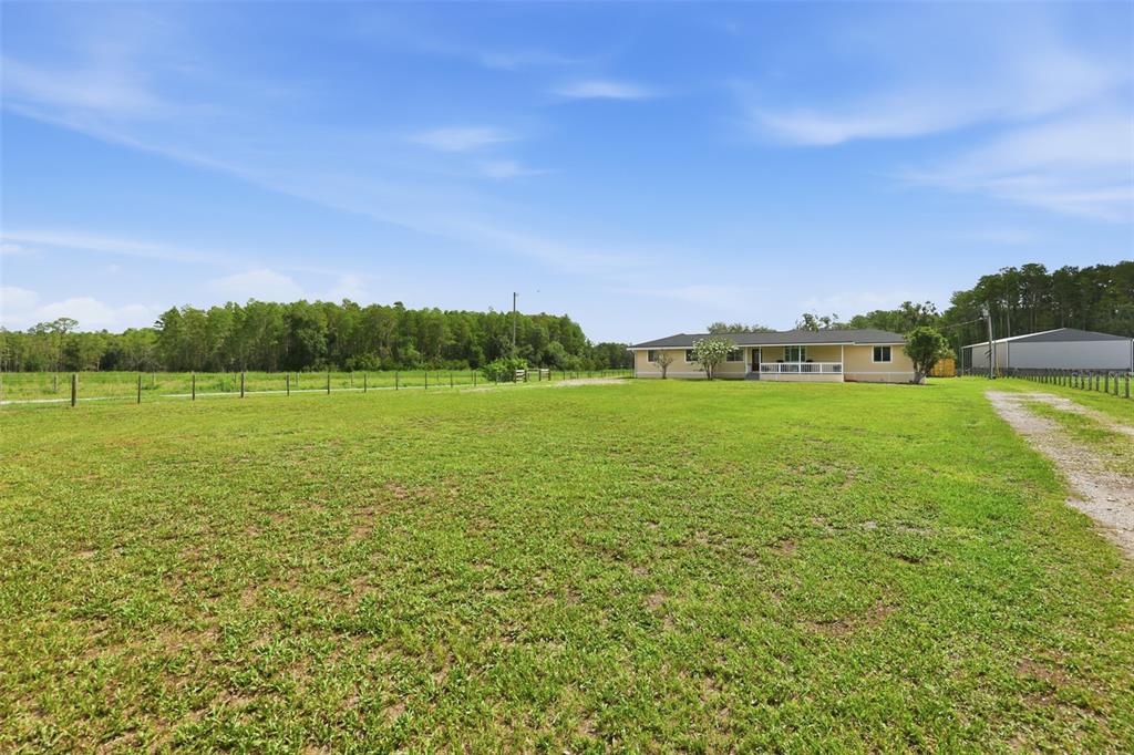 A single-story house with a porch sits on a large, grassy lot near trees — 4700 TOWER ROAD, LAND O LAKES, FL