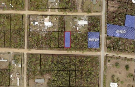 An aerial map shows a highlighted rectangular plot of land surrounded by wooded residential lots — EVERGREEN STREET, FOUNTAIN, FL