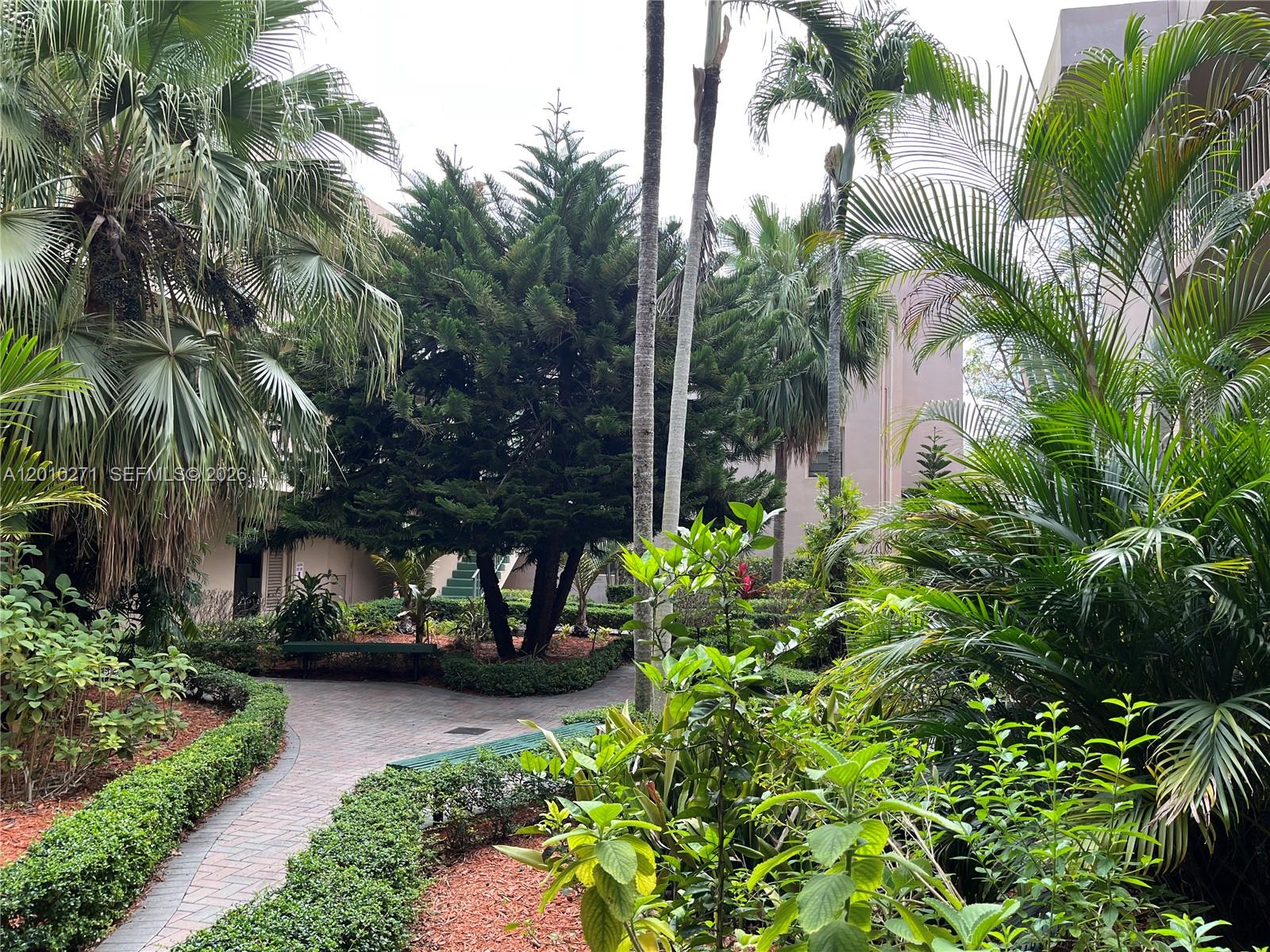 A paved walkway winds through a lush courtyard with palm trees and manicured hedges — 10525 SW 112th Ave # 314, Miami FL 33176, MIAMI, FL