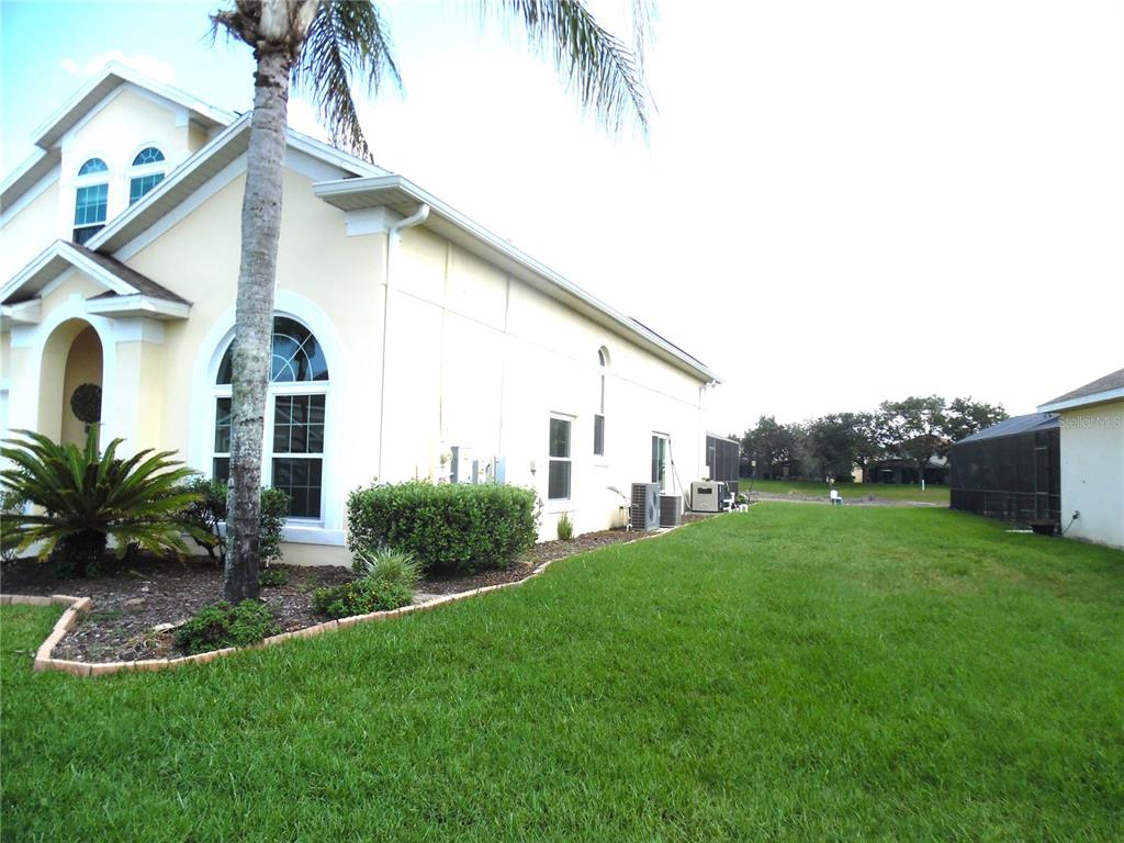 A side view of a beige house with a lawn and a palm tree — 16740 GLENBROOK BOULEVARD, CLERMONT, FL