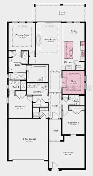 This floor plan shows a single-story house layout with three bedrooms, a study, and garage — 11235 CARDING MILL LANE, WINTER GARDEN, FL