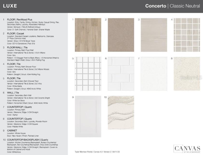 This design board displays various flooring, tile, countertop, and cabinet finish options for a home — 11235 CARDING MILL LANE, WINTER GARDEN, FL