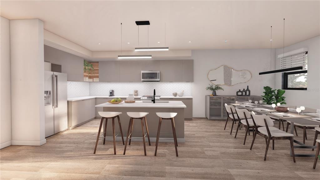 This is a rendering of a modern kitchen and dining area with light wood flooring — 5750 CYRILS ROAD LOT 47 SFH, ST CLOUD, FL