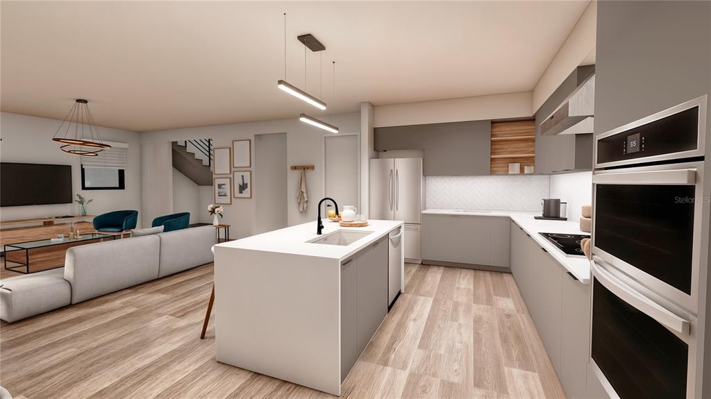 This is a rendering of a modern open-concept kitchen and living area with light wood flooring — 5750 CYRILS ROAD LOT 47 SFH, ST CLOUD, FL