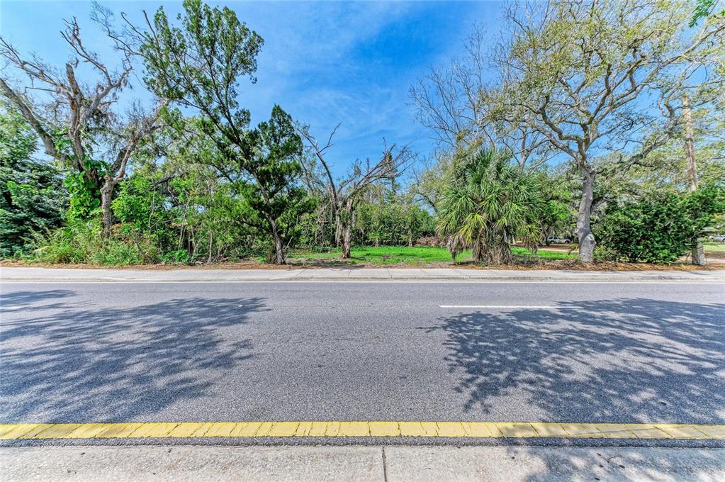 A vacant, tree-lined lot sits behind a paved road and sidewalk under a blue sky — 820 S BENEVA ROAD, SARASOTA, FL