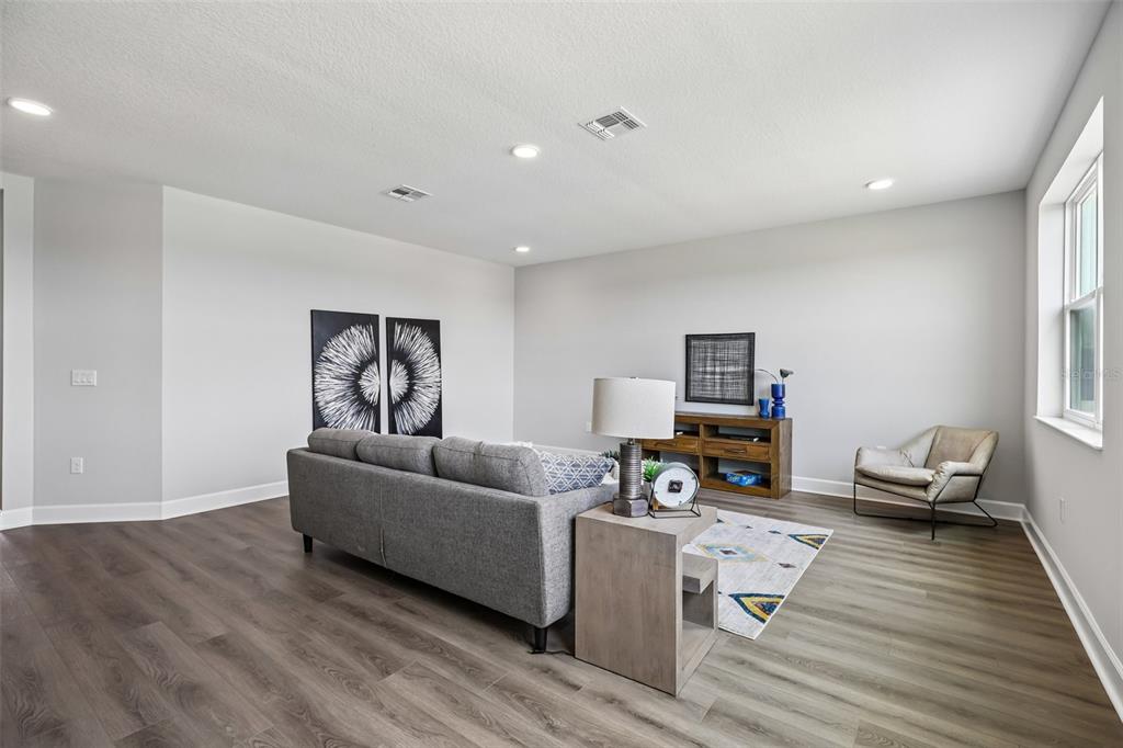 A living room features gray wood-look flooring, a gray sofa, and a wooden media console — 3233 WOLF LAKE AVENUE, APOPKA, FL
