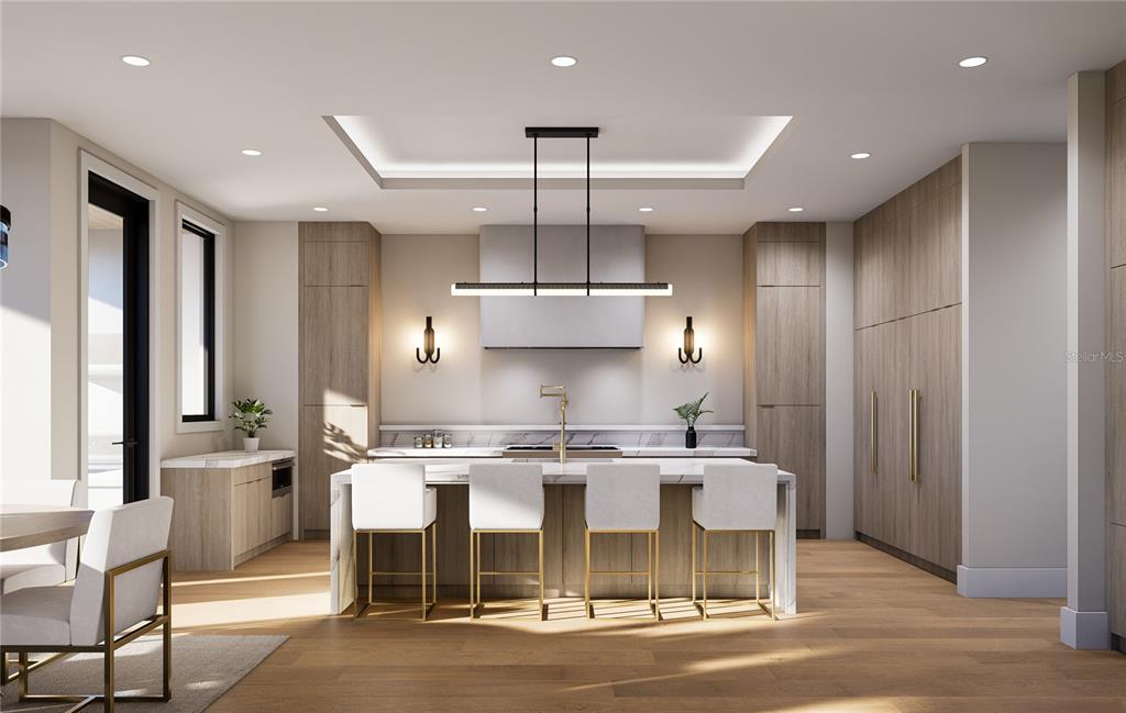 This rendering shows a modern kitchen with light wood cabinetry, a marble island, and barstools — 577 W DAVIS BOULEVARD, TAMPA, FL
