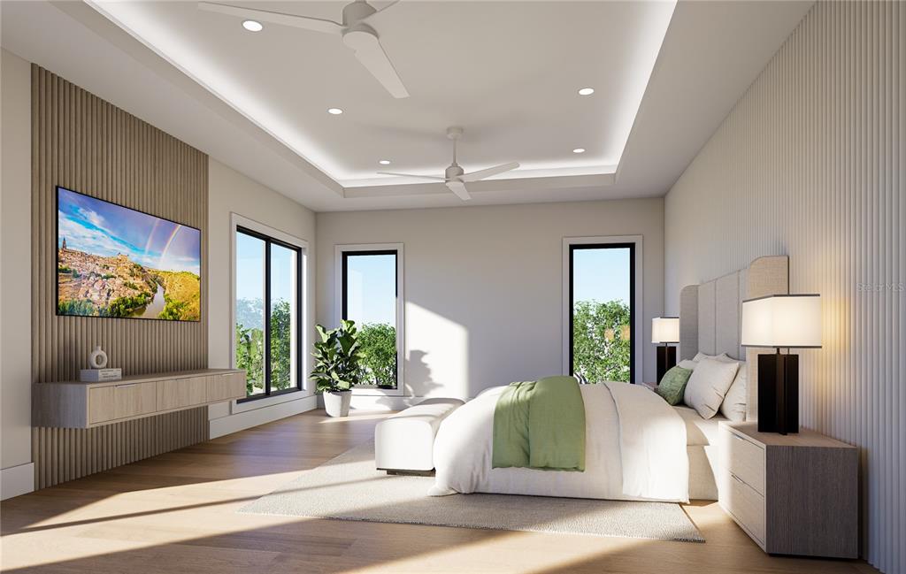 This rendering shows a modern bedroom with wood-slat accent walls, a tray ceiling, and furniture — 577 W DAVIS BOULEVARD, TAMPA, FL