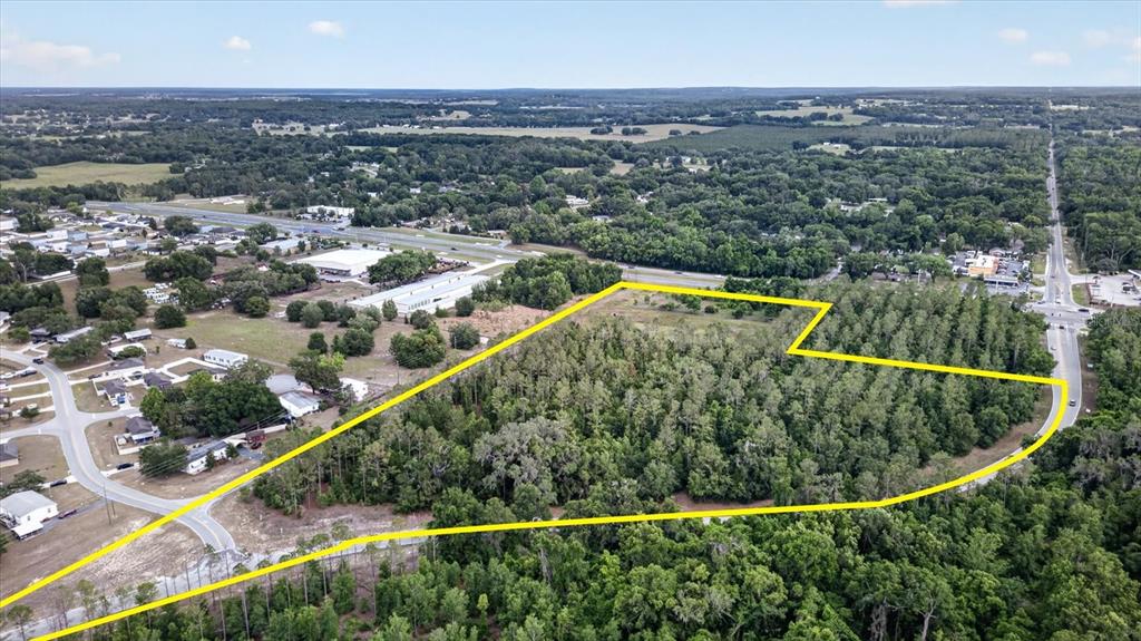 An aerial view shows a large, wooded plot of land outlined in yellow — 0 MONDON HILL ROAD, BROOKSVILLE, FL