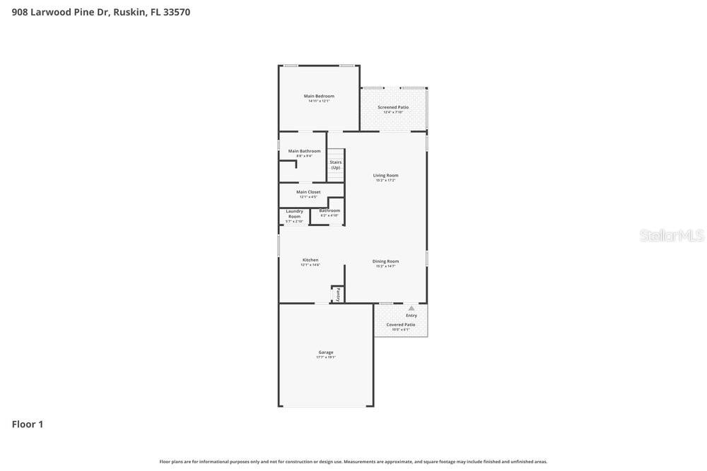 This is a floor plan for the first level of a residential home — 908 LARWOOD PINE DRIVE, RUSKIN, FL