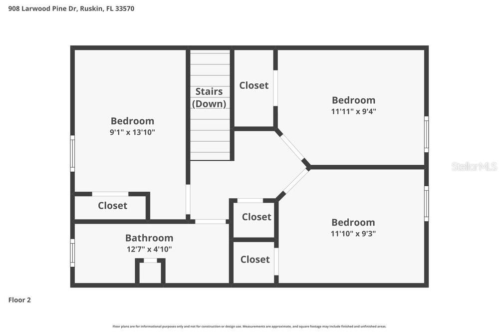 This is a floor plan for the second level of a house featuring three bedrooms — 908 LARWOOD PINE DRIVE, RUSKIN, FL