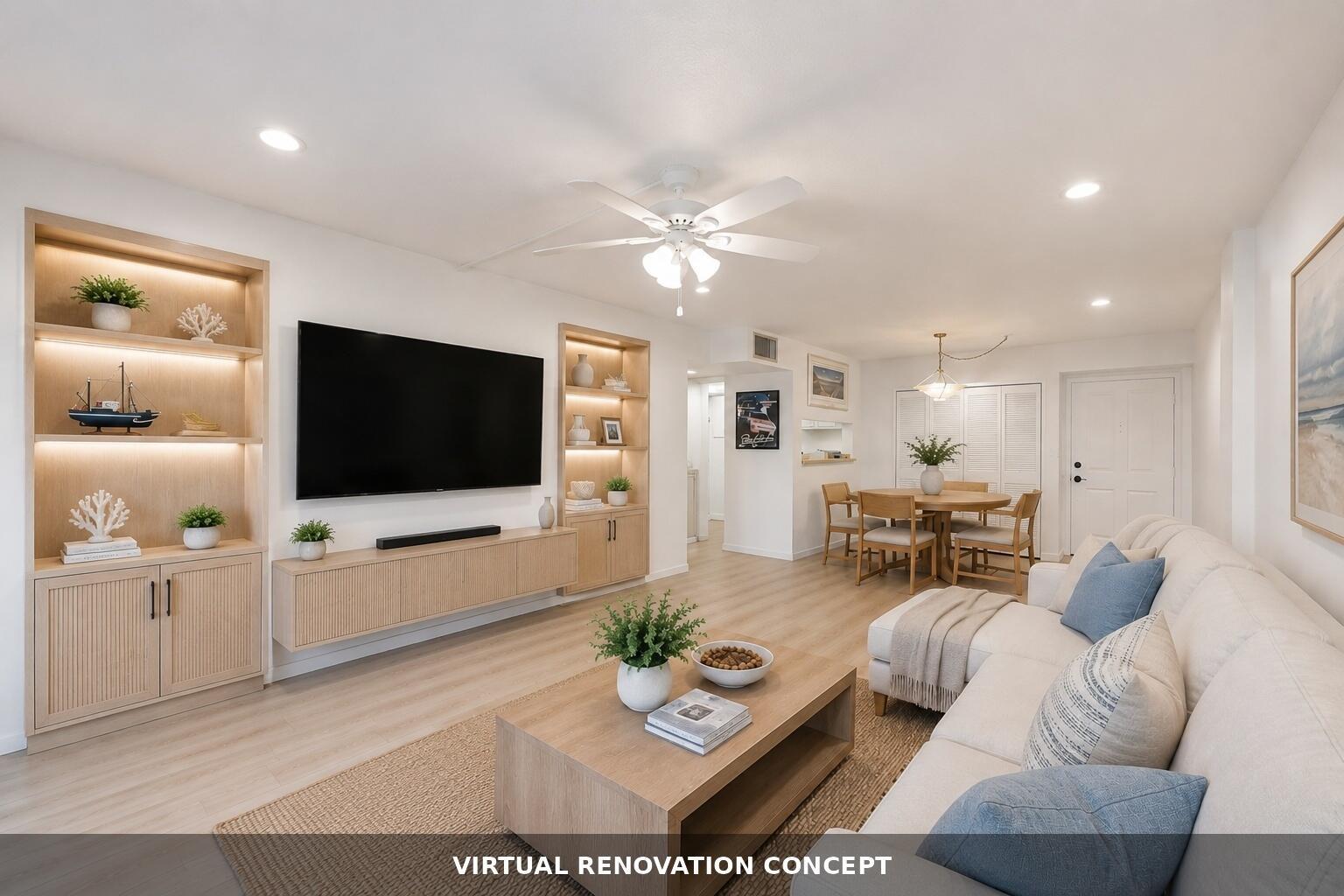 This virtual renovation rendering shows a living room with light wood cabinetry and a sectional — 740 S Federal Highway # 208, Pompano Beach FL 33062, POMPANO BEACH, FL