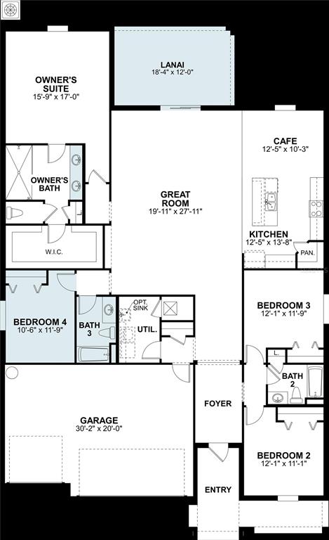 This is a floor plan for a single-story house featuring four bedrooms and a garage — 8443 FOX DEN COVE, LAKELAND, FL