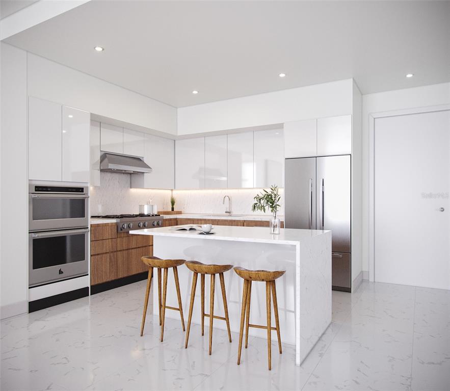 This rendering shows a modern kitchen with white cabinets, wood-tone lower cabinets, and a marble island — 400 CENTRAL AVENUE UNIT 1103, ST PETERSBURG, FL