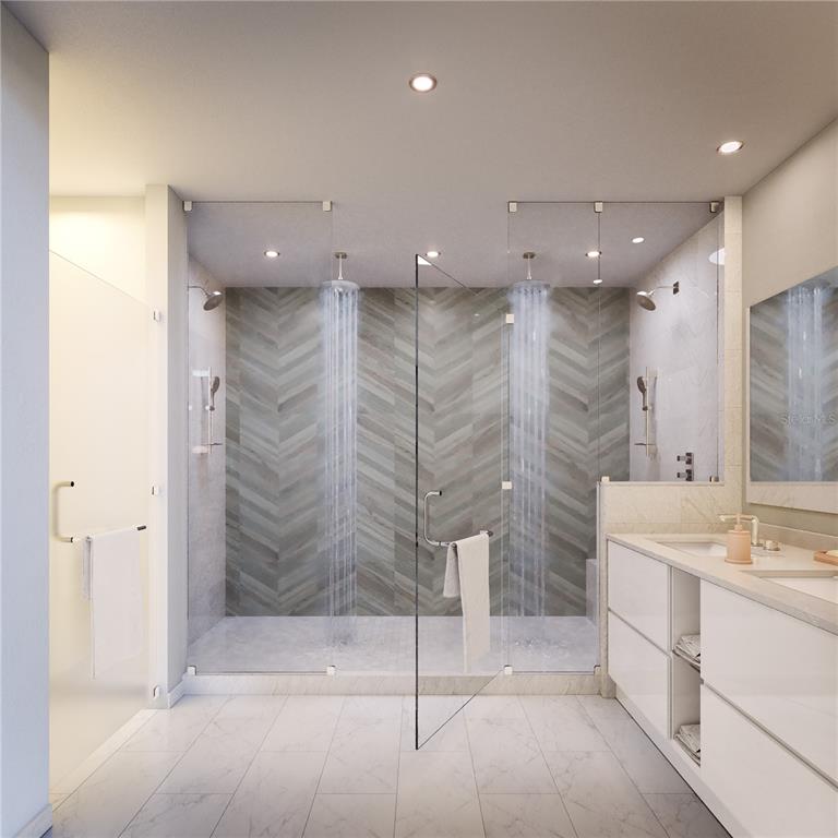 This rendering shows a modern bathroom with a large glass-enclosed double shower and white vanity — 400 CENTRAL AVENUE UNIT 1103, ST PETERSBURG, FL