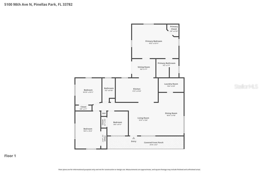 This is a floor plan for a single-story house with four bedrooms and two bathrooms — 5100 98TH AVENUE N, PINELLAS PARK, FL